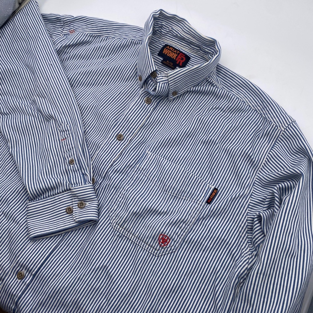 Ariat Work FR Striped Button Down Shirt Mens XL Blue White Flame Resistant NFPA - Picture 1 of 11